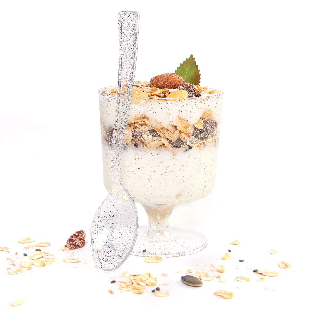 WDF96PACK 7oz Christmas Silver Glitter Medium Large Plastic Dessert Cups With Spoons-48 Disposable Appetizer Cups |Wine Goblet Glasses & 48 Silver Glitter Tasting Spoons