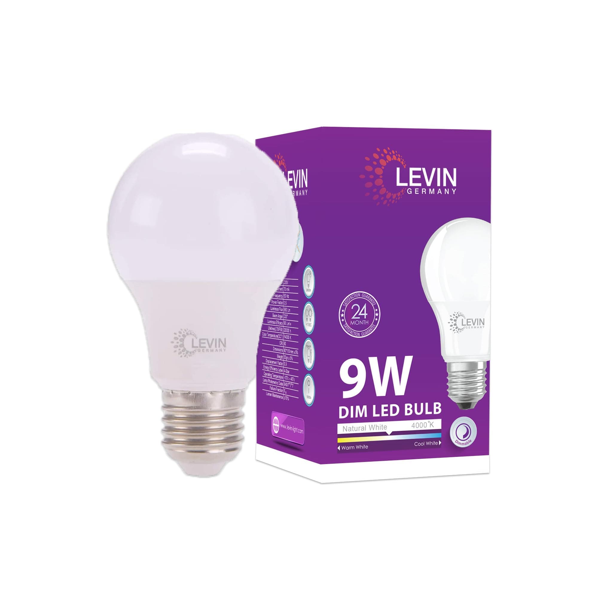 LEVIN Dimmable Germany A60 E27 LED Bulb, 9W, 850LM, Neutral White 4000K, High CRI>80, Energy-Efficient Lighting, 220-240Vac, Long-Lasting Performance, 2-Years Warranty