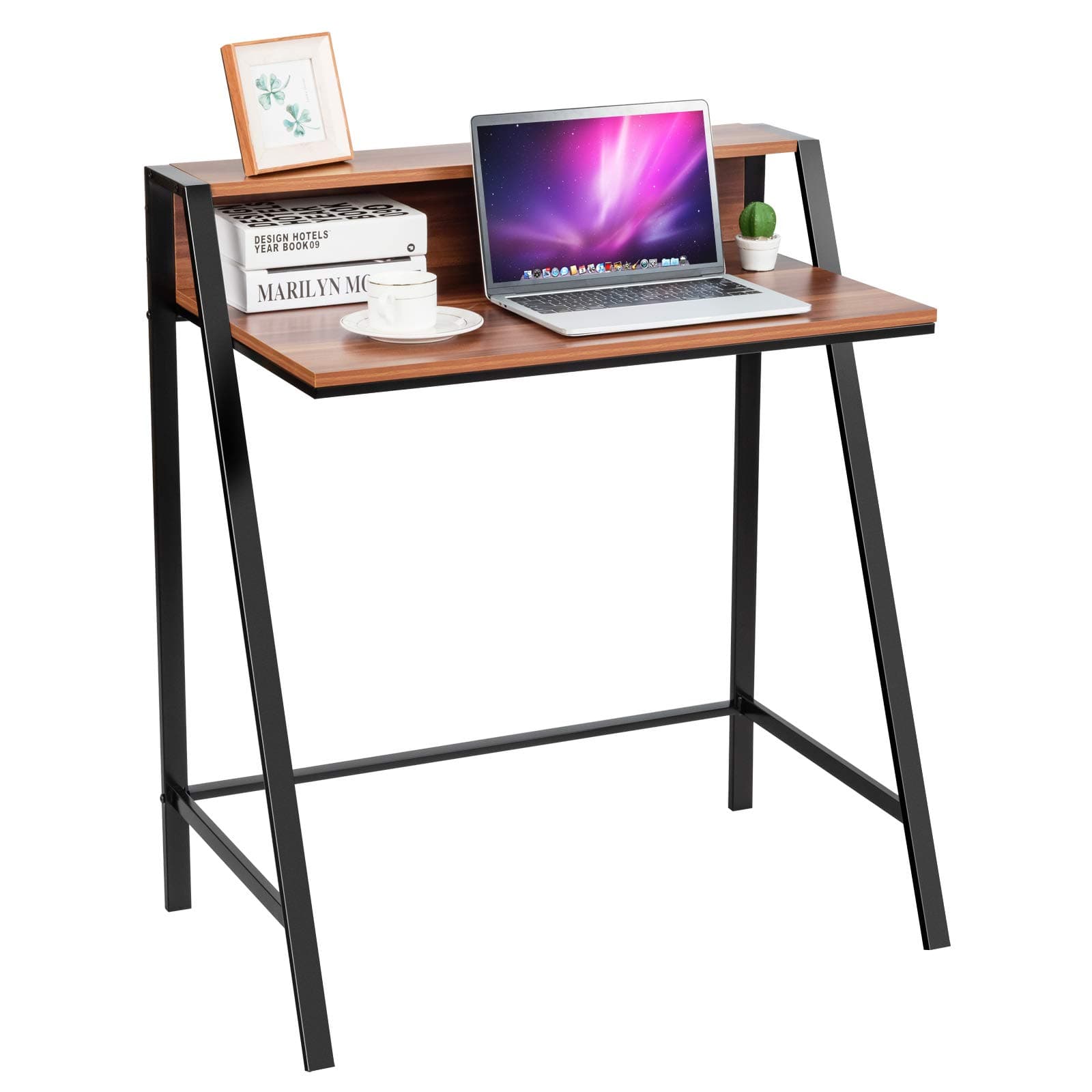 TangkulaSmall Computer Desk, Compact Home Office Desk with Sturdy Frame, 2 Tier Study Writing Table for Small Place Apartment Office, Desk for Bedroom, Kid’s Desk