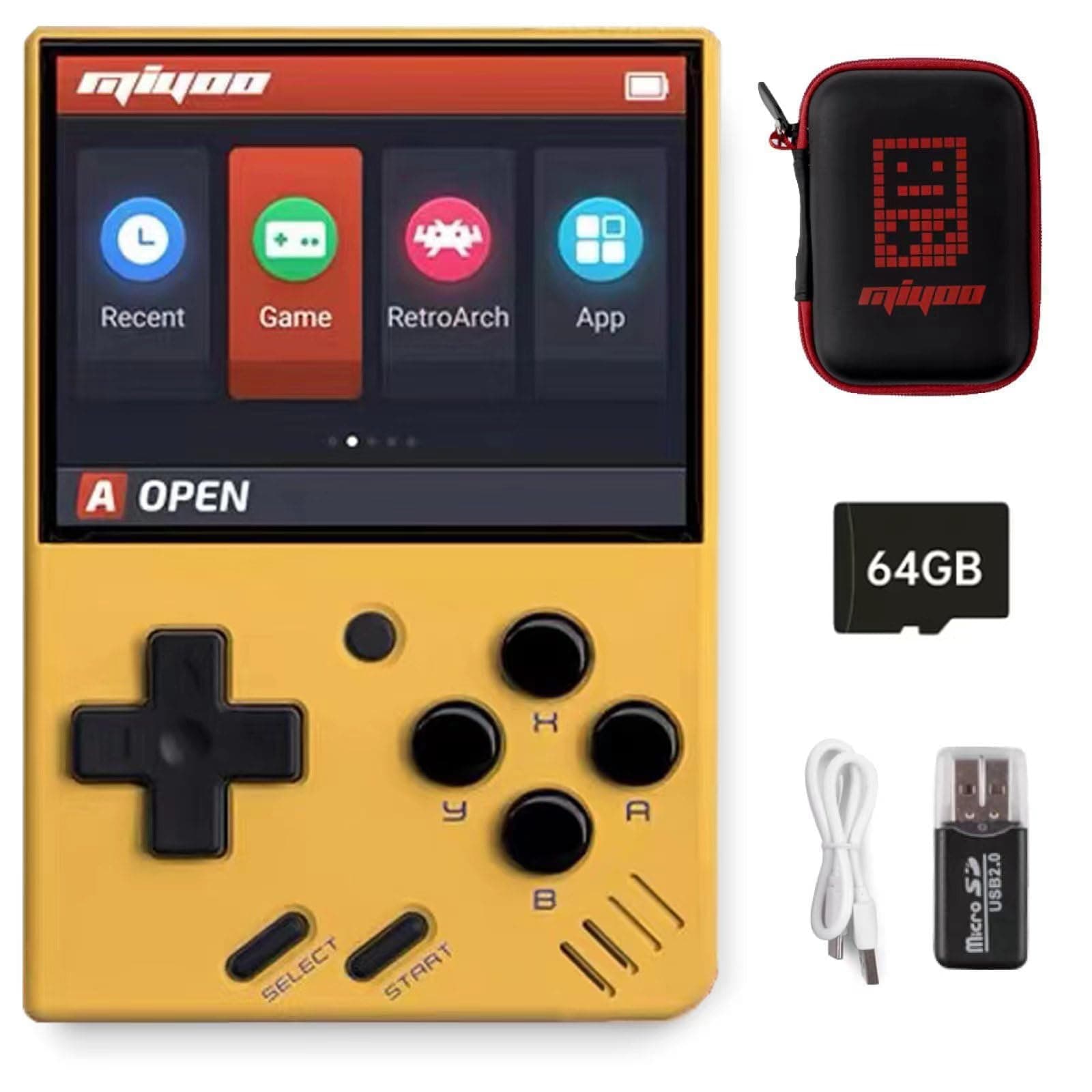Astarama Miyoo Mini V4 Handheld Video Game Console, 2.8 inch IPS Screen Retro Video with 64GB Card & 6000+ Games, Built in Open Source System Portable Retro Game Console (Yellow, 64G)