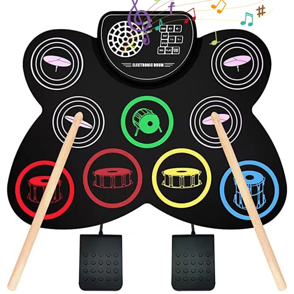 Electronic Drum Set, 9 Drum Practice Pad with Headphone Jack, Roll-up Drum Pad Machine Built-in Speaker Drum Pedals Drum Sticks 10 Hours Playtime, Ideal Holiday Gift for Kids