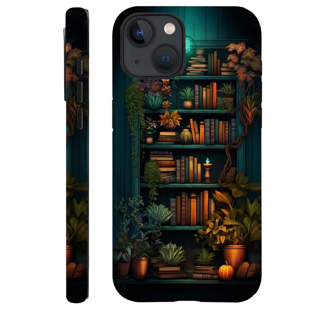 Case Compatible with iPhone 14,Hybrid 2-Layer Hard Shell,Shockproof Soft for Girl Women,Bookshelf Book Plant