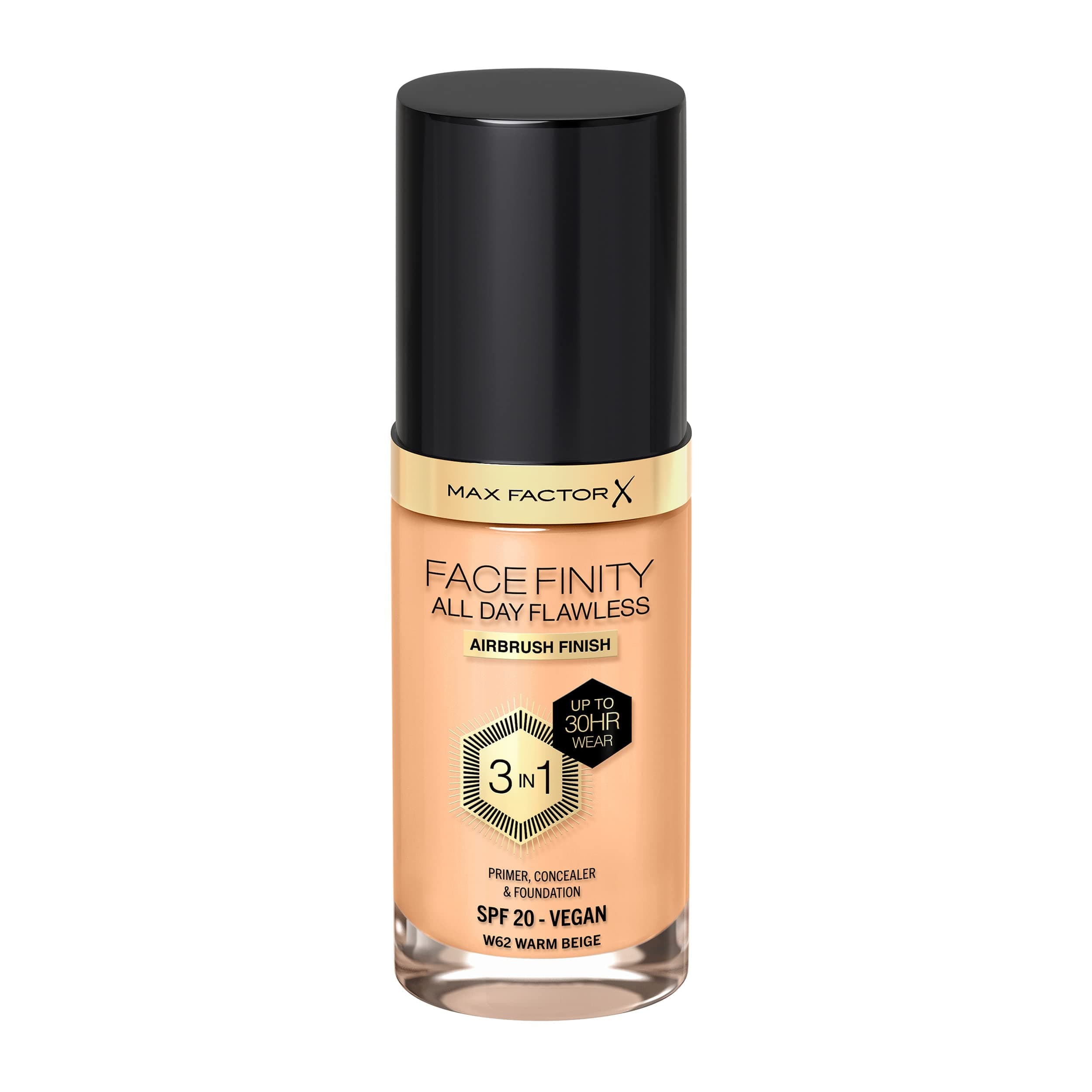 Facefinity 3-in-1 All Day Flawless Liquid Foundation, SPF 20 - 62 Warm Beige, 30 ml