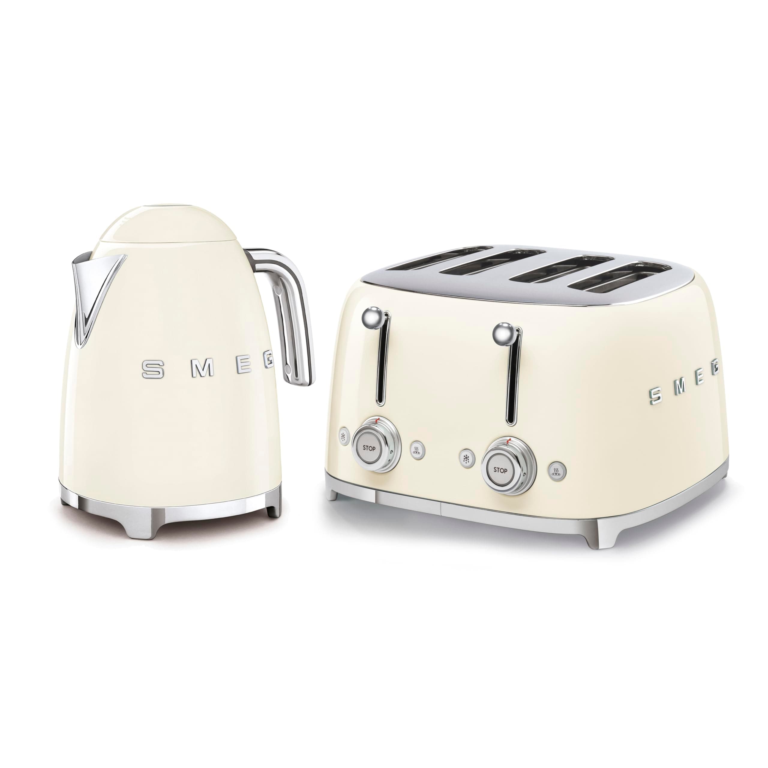 Smeg 50’s Style Retro Range Breakfast Set, 1.7L 3000W Kettle and Multi-Functional Control 4-Slice 2000W Toaster, Cream, KLF03CRUK/ TSF03CRUK