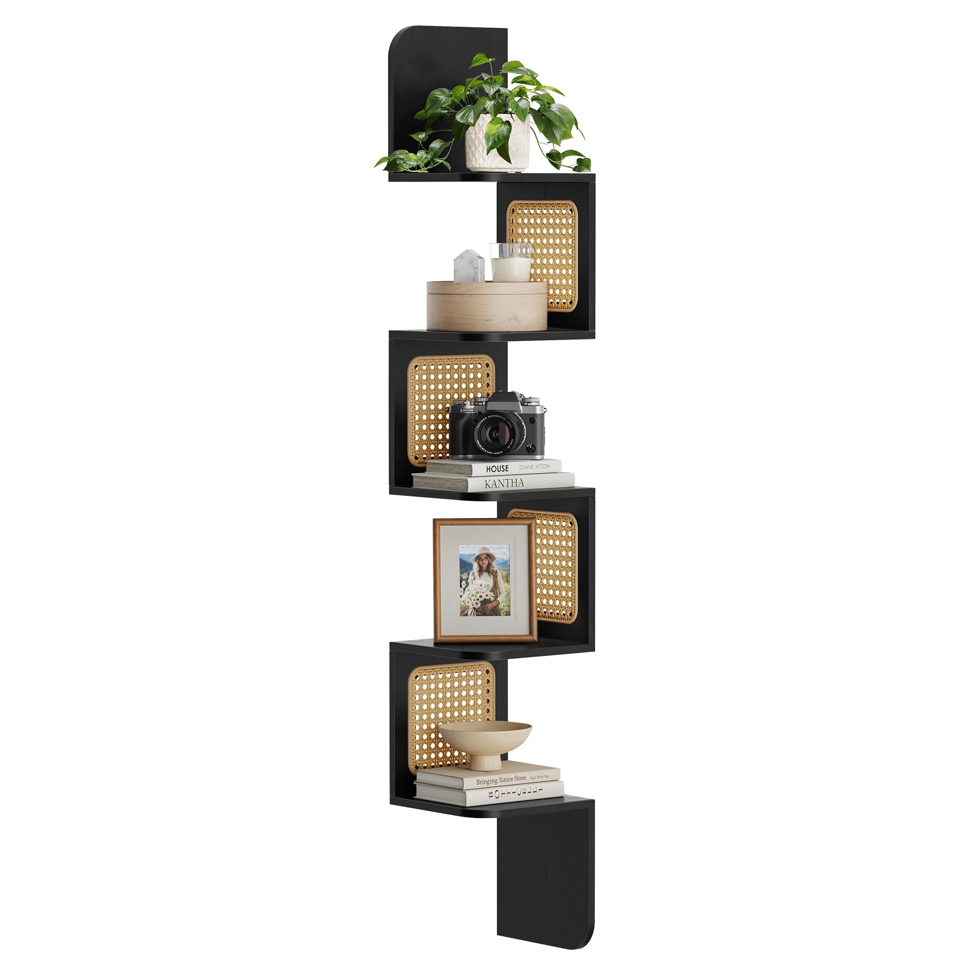 VASAGLE 5-Tier Corner Shelf, Wall Mounted Floating Shelf, Zigzag Corner Shelf Unit, PVC Rattan Sides, Space-Saving, for Kitchen, Living Room, Bedroom, Boho Style, Ash Black ULLS582BF01S