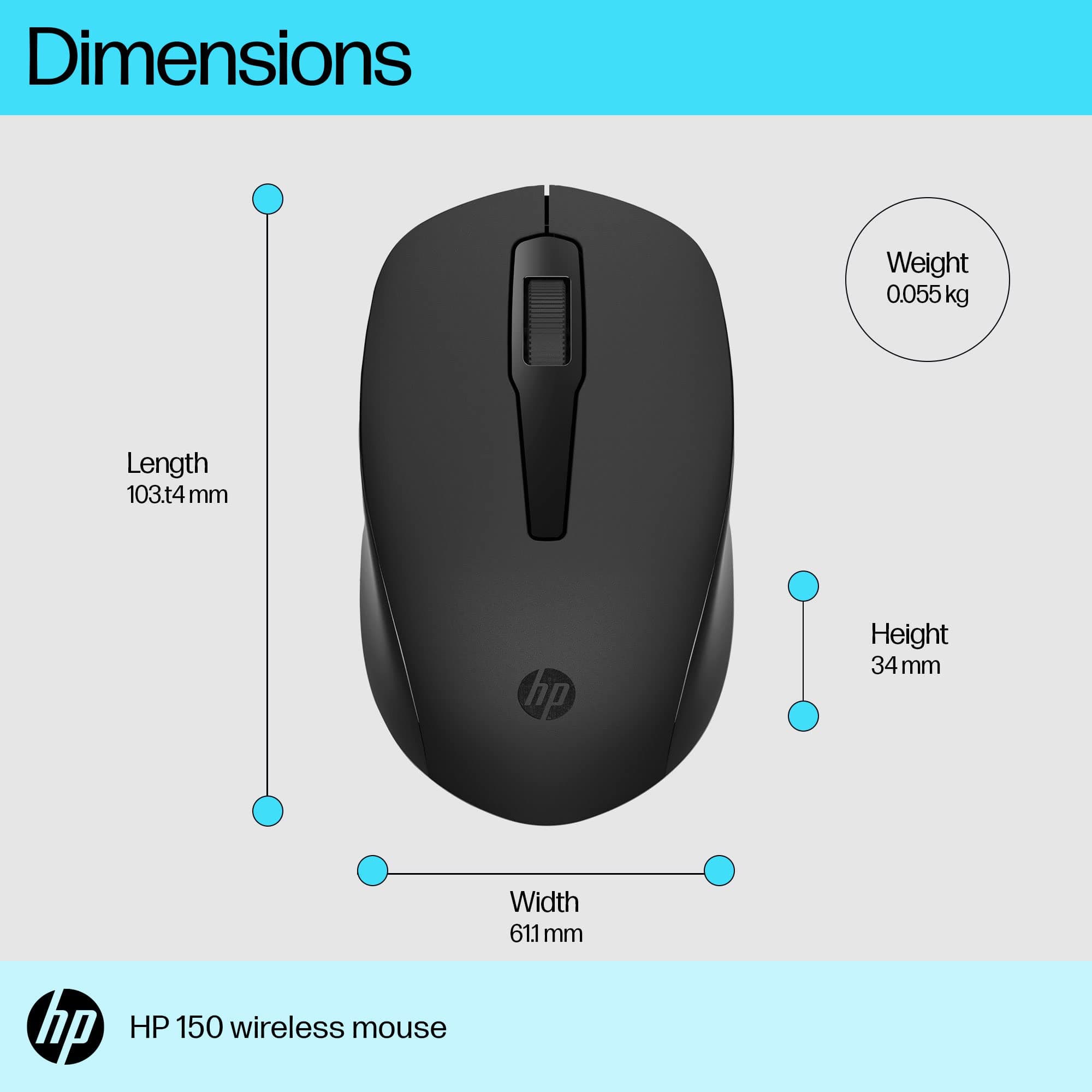HP 150 Wireless USB Mouse with Ergonomic and ambidextrous Design, 1600 DPI Optical Tracking, 2.4 GHz Wireless connectivity, Dual-Function Scroll Wheel and 12 Month Long Battery Life. 3-Years Warranty.