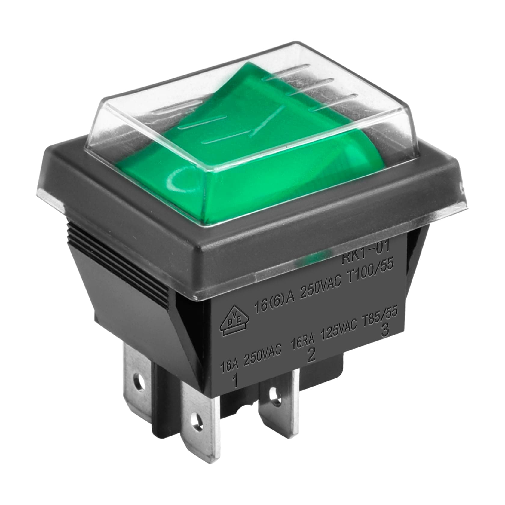 Heschen Rocker Switch ON-Off DPST 4 Terminals Green Light 16A 250VAC with Waterproof Cover