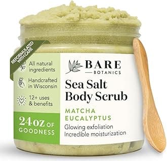 Bare Botanics Matcha Eucalyptus Body Scrub 24 oz - Naturally Scented Sea Salt Scrub Made in Madison, WI - Formulated w/Skin Loving Moisturizers - Vegan, Cruelty Free Exfoliator w/a Cute Wooden Spoon