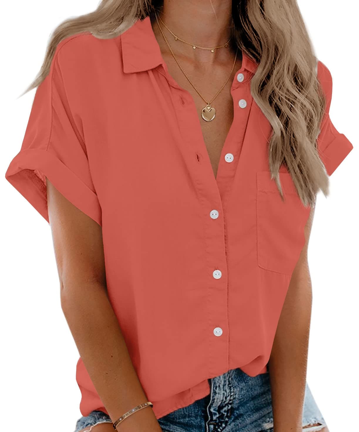Womens Short Sleeve Shirts V Neck Collared Button Down Shirt Tops with Pockets
