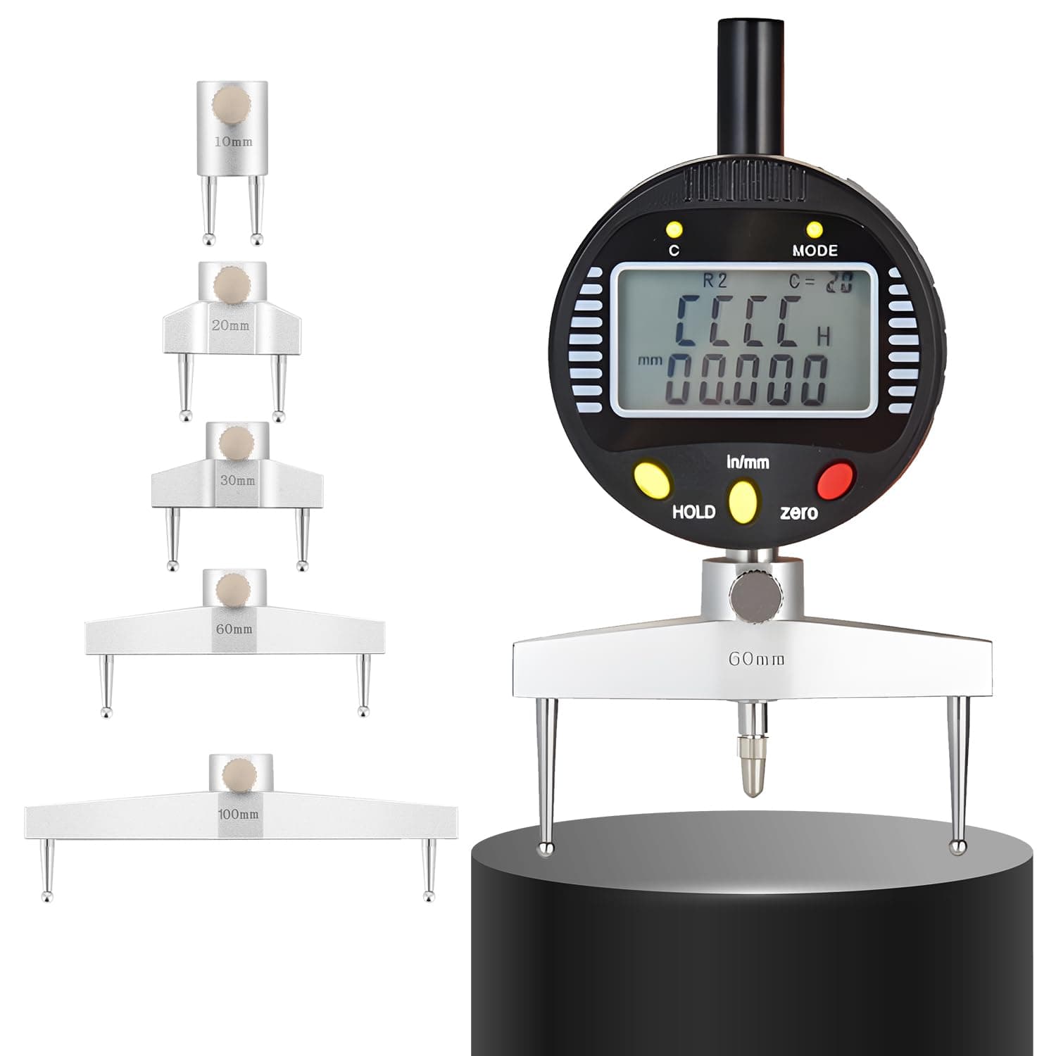 CGOLDENWALL High accuracy digital radius gauge Electronic Inside and Outside Radius Gage with 10mm /20mm /30mm /60mm/100mm changeable measuring jaw Black 0.2" - 27.5"/5 mm - 700 mm