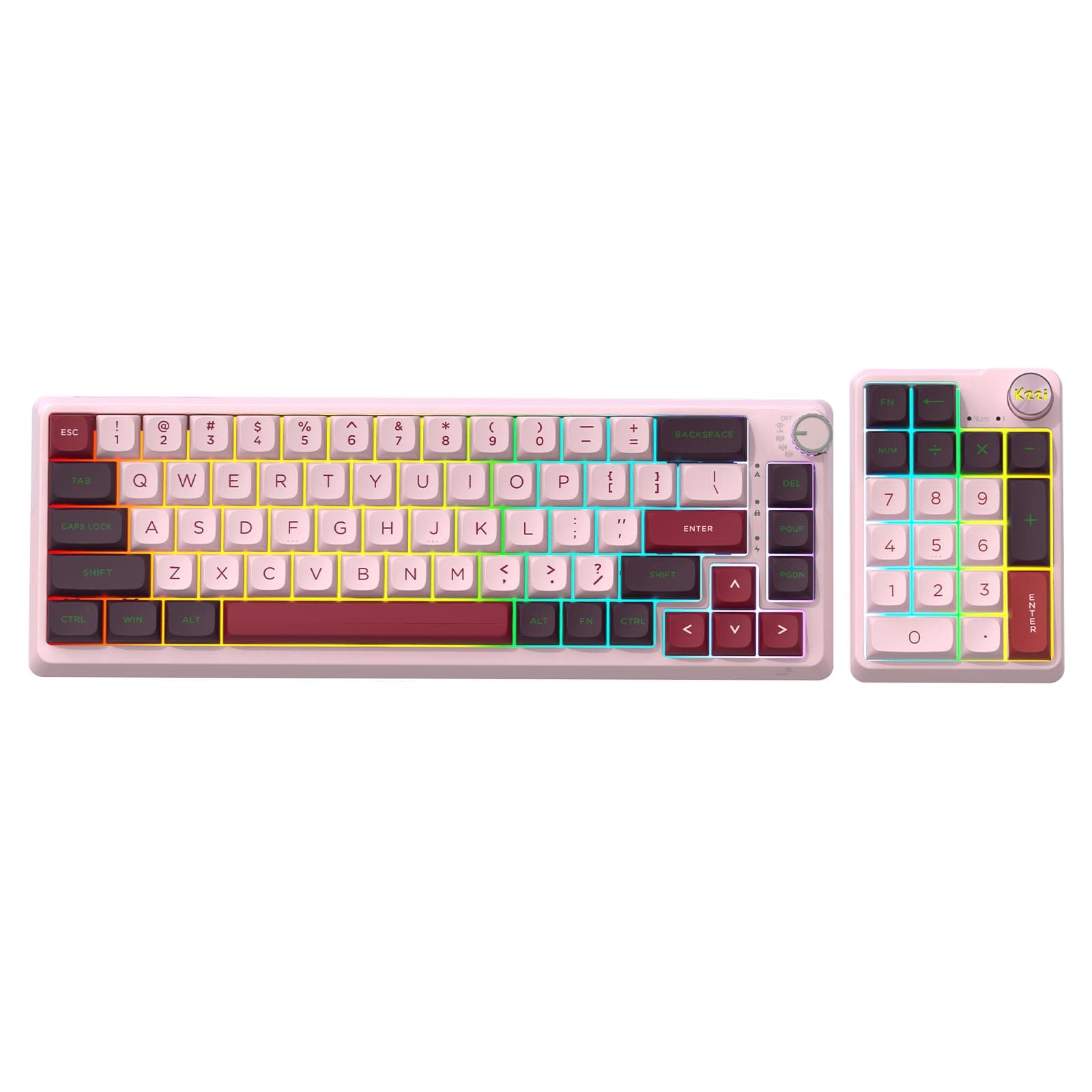 kzzi K68 Pro 65% Wireless Gasket Mechanical Keyboard Triple Mode BT 5.0/2.4G/USB-C 67 Keys Hot Swappable Gaming Keyboard Knob & Power Display (Purple-White, Eternity Tactile Switch)