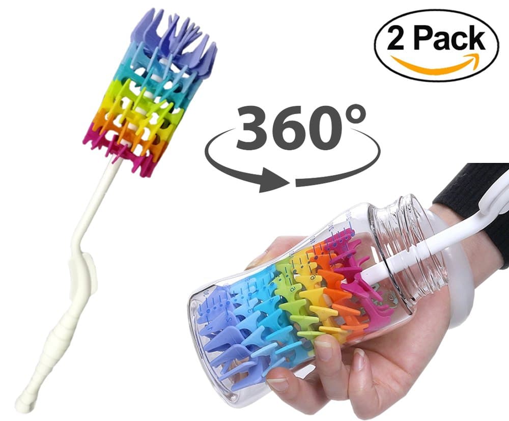 NEW 360° Rotating Non-Stick Soft Silicone Multi-Cleaning Brush Long Handle for Washing Baby Bottles, Tumblers, Cups, Bowls, Thermos, Wine Glasses, Dishes, Glass BPA Free, 100% Food Grade [ 2-Pack]