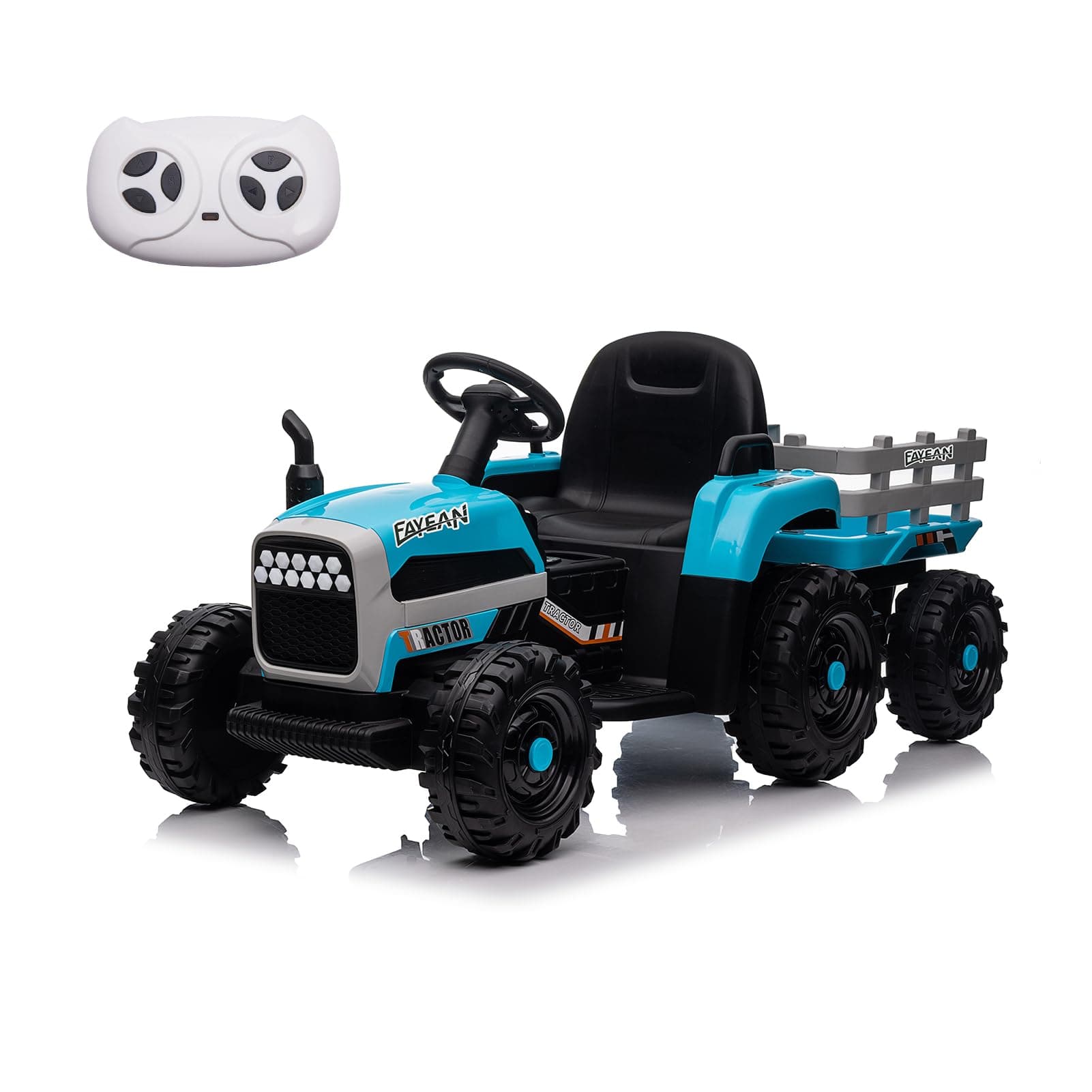Ride on Tractor with Remote Control, 12V Battery Powered Electric Car with Trailer, Detachable Cloak, Music, USB, 3 Speed, Lighting, Safety Belt, Ride on Car for Girls, Boys Blue