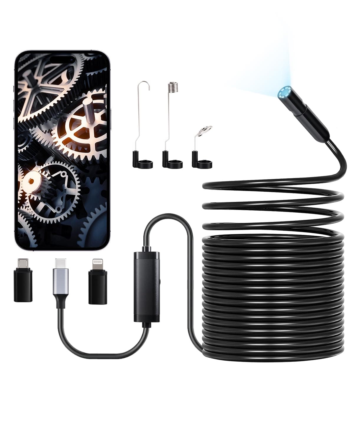 VEVOR Endoscope Camera with 49.2FT Semi-Rigid Cable, 1920P HD Borescope for Android & iOS, Industrial Inspection Tool with Light - 8 LED, 2X Zoom, IP67 Waterproof Snake Camera for Auto, Plumbing