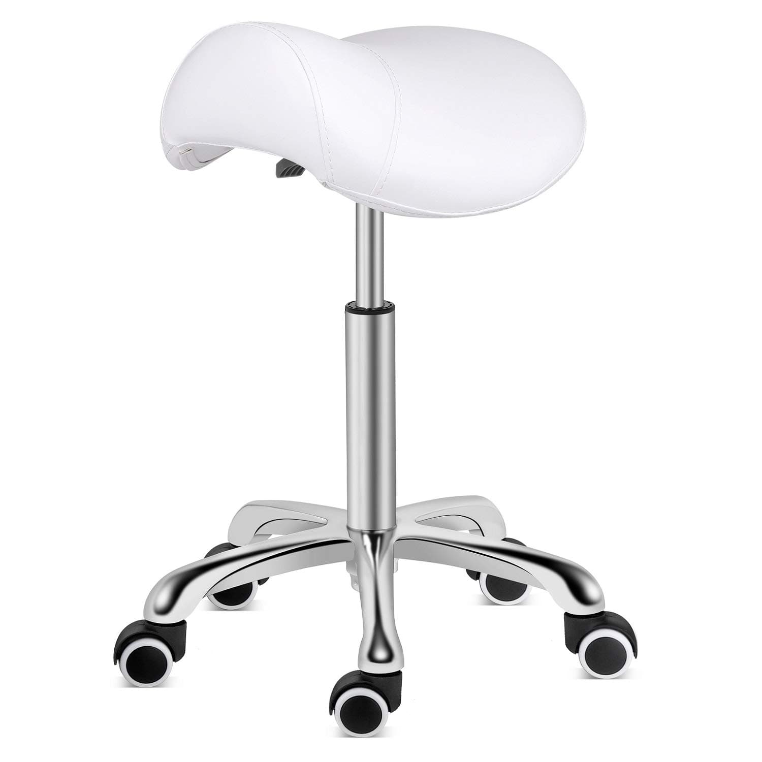 Kaleurrier Saddle Stool Rolling Swivel Height Adjustable with Wheels,Heavy Duty Saddle Chair,Ergonomic Stool Chair for Hair Salon Lab Clinic Dental Massage Home Office Kitchen (White, Without Back)