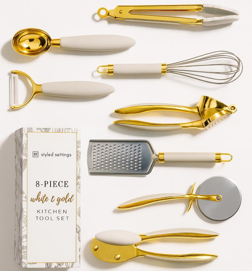 White & Gold Kitchen Tools and Gadgets - Luxe 8PC Cooking Tools and Gadgets with Anti-Slip Handles, Gold Utensils Set, Gold Kitchen Accessories and White Kitchen Utensil Set,Premium Kitchen Gadget Set
