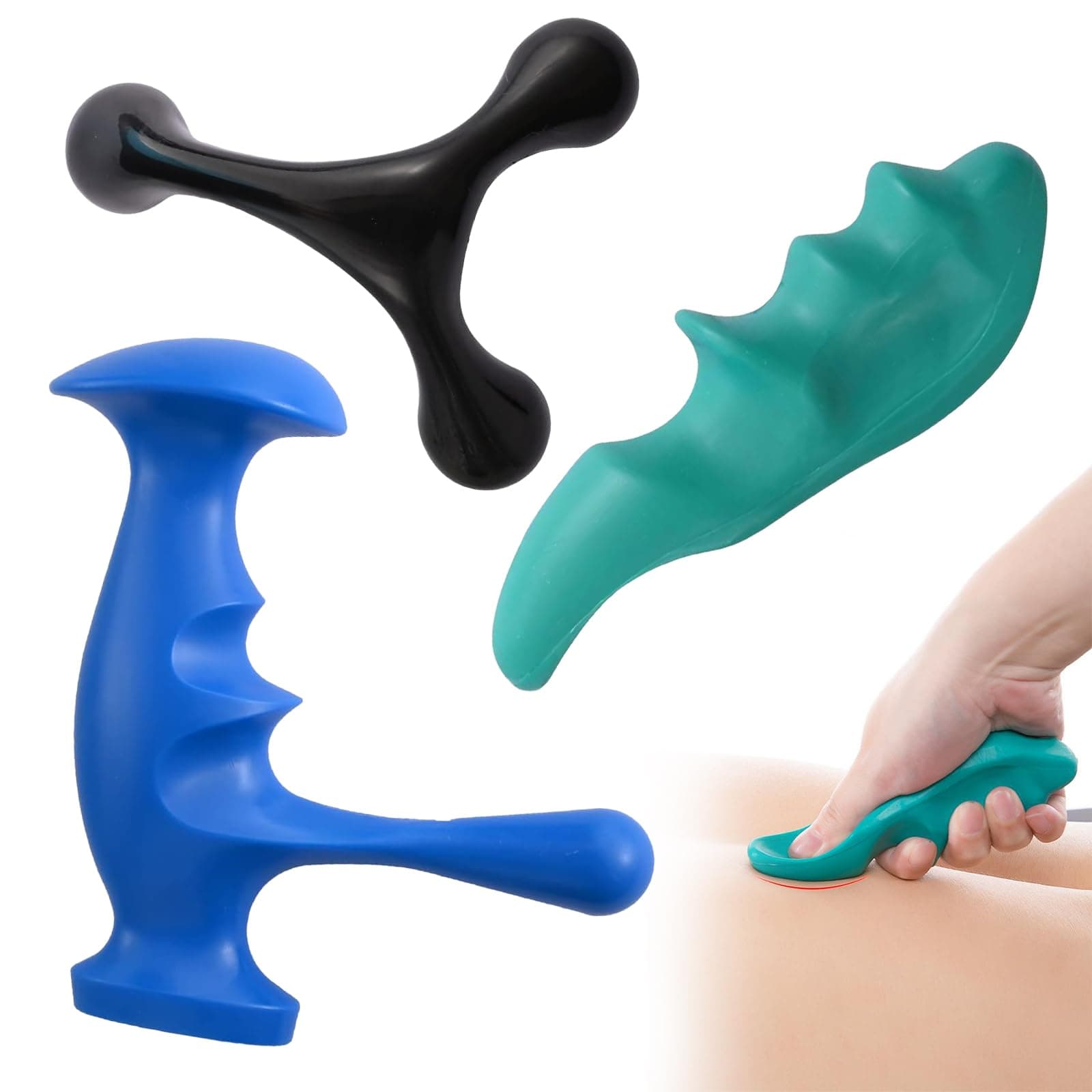 Manual Trigger Point Massage Tool and Thumb Saver for Full Body Deep Tissue Massage, Set Include 1 Green Thumb Protector Tool 1 Palm Urchin Massage Tool Hand Held 4-Legged Massage Knobs