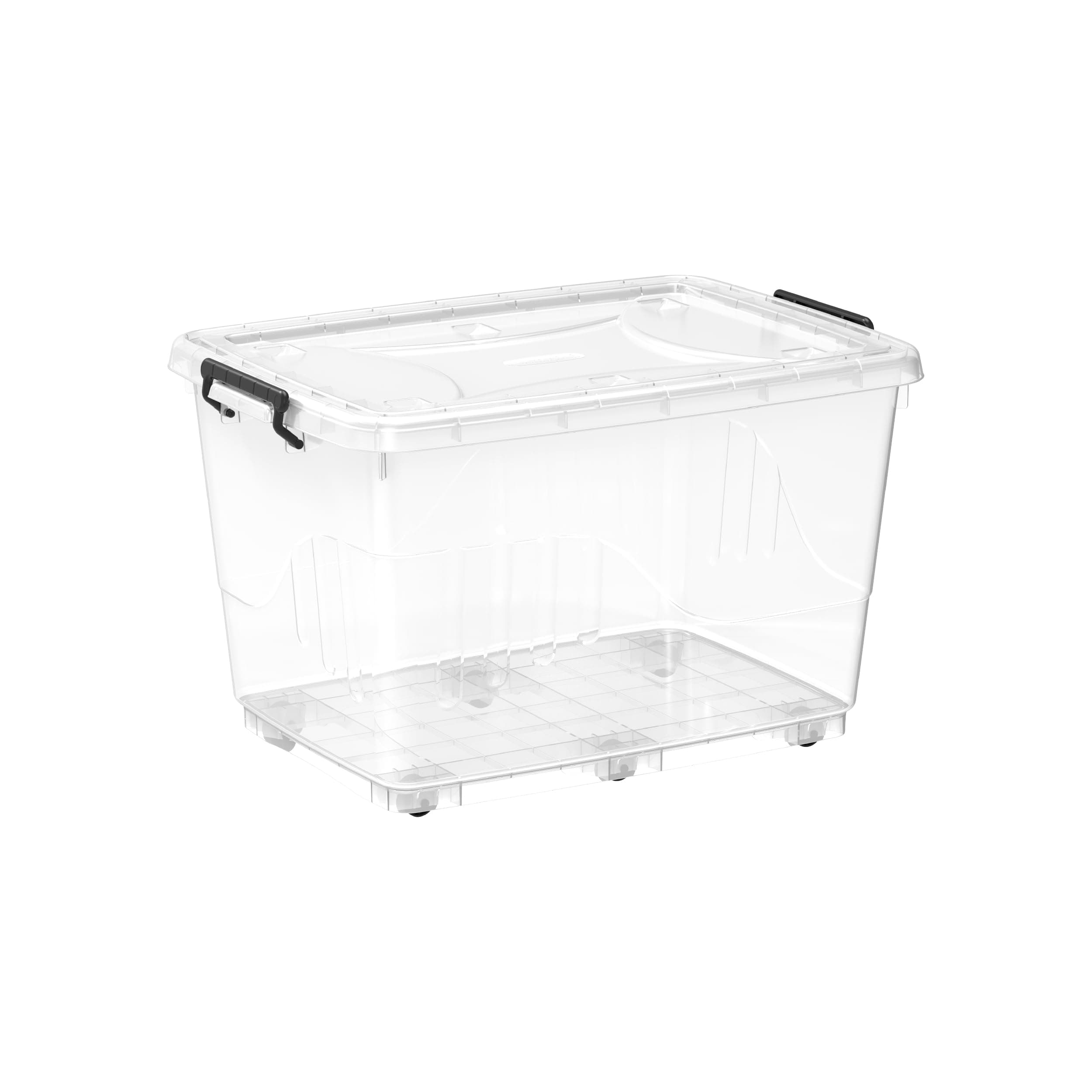 Cosmoplast 82L Clear Plastic Storage Box With Wheels & Lockable Lid, Transparent