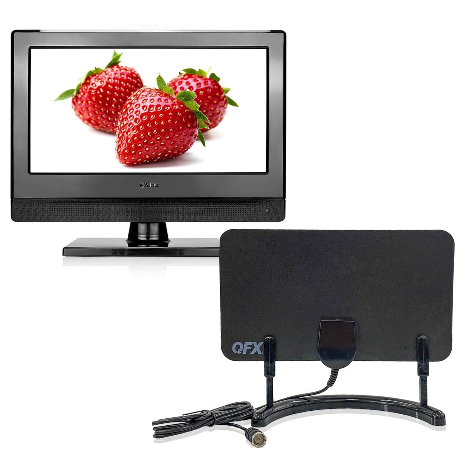 eXuby Small Flat Screen TV w/ 35mi Range Flat Indoor Antenna - Perfect for Kitchen, Office, RV and More - 13.3 inch LED, Watch HDTV Anywhere - Free HD Local Channels - USB, HDMI, RCA Inputs