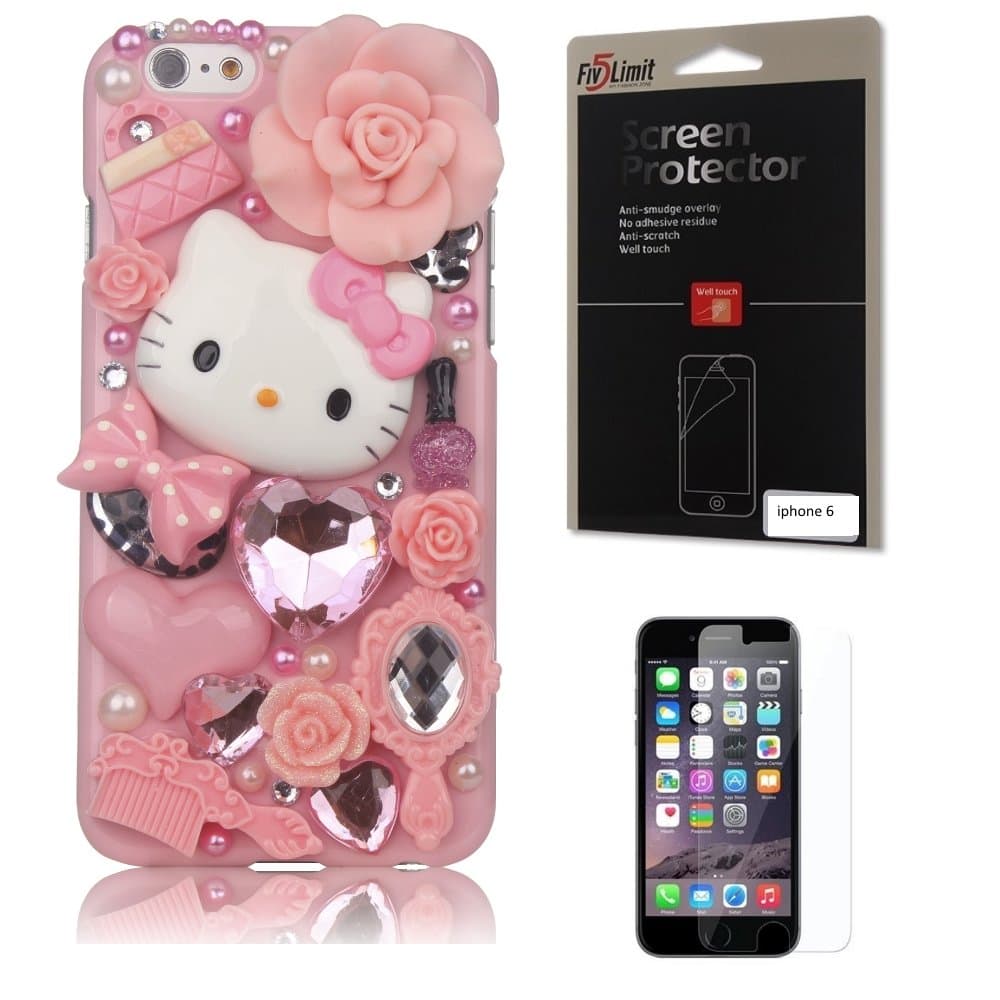 iPhone 6 Bling Case, FiveLimit(TM) For Apple iPhone 6 [4.7] 3D Handmade Luxury Rhinestone Crystal Pearl Love Pink Hello Kitty Fairy-Tale Flower Diamond Case Cover (Package includes: 1 X Screen Protector) (Pink Fairy Kitty)