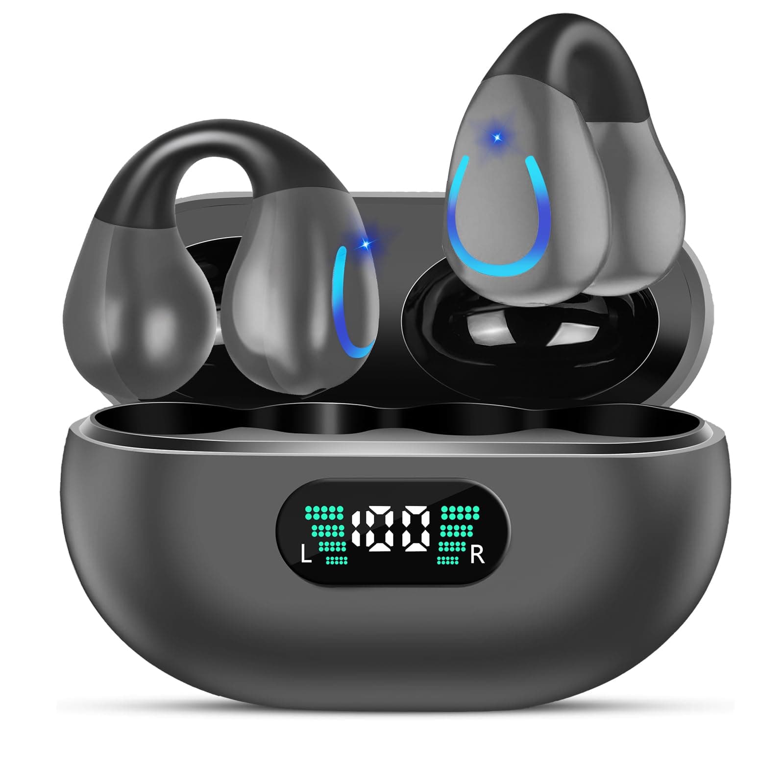 Clip On Earbuds Bluetooth 5.3 Wireless Earbuds Open Ear Bone Conduction Headphones Sport Earphones with LED Digital Display Charging Case Built-in Mic IPX7 Waterproof for Running Fitness Elegant Grey