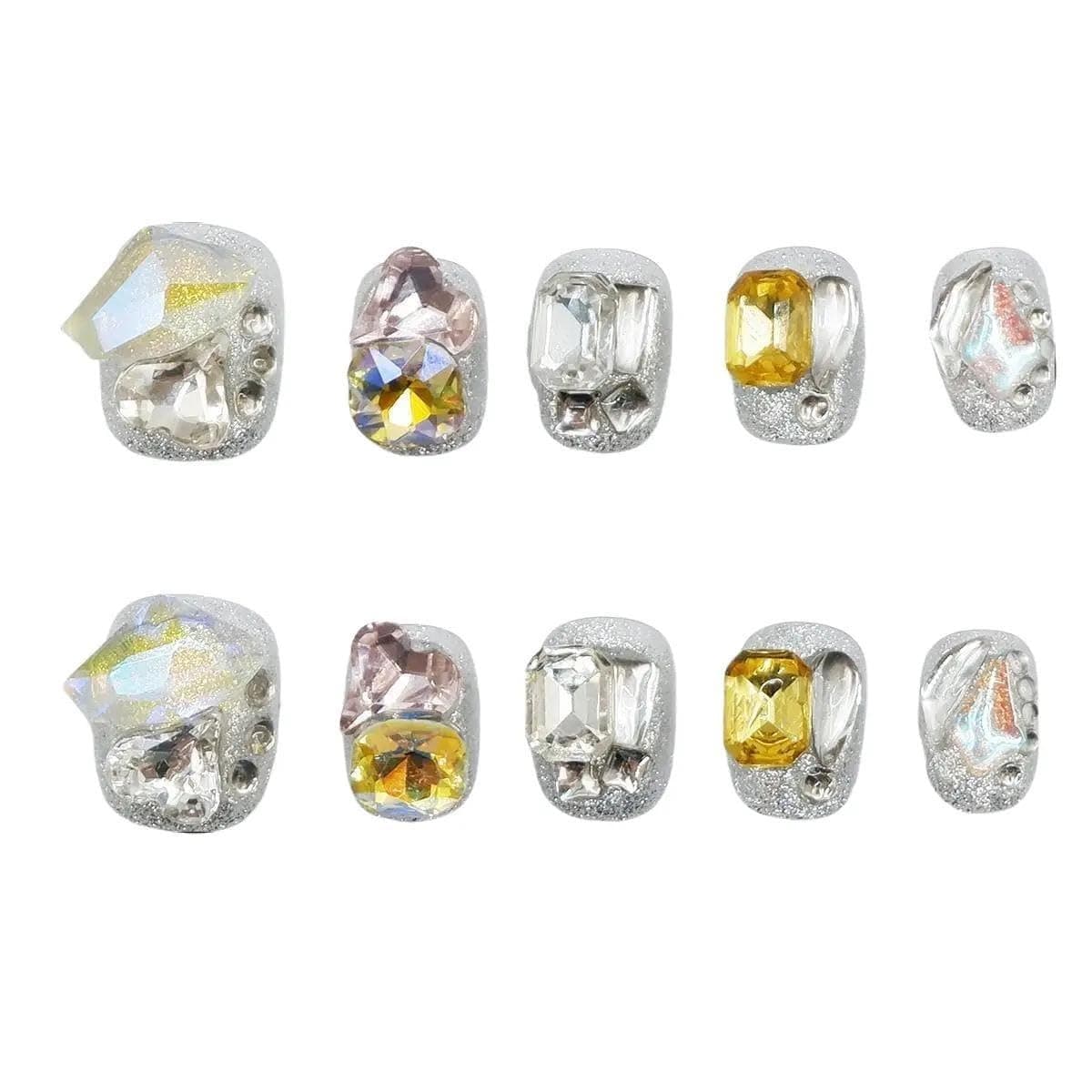 SLANGO Silver Diamonds Acrylic Press On Nails, Short Round, Reusable, 10 Pieces Hand Made Fake Nails, L