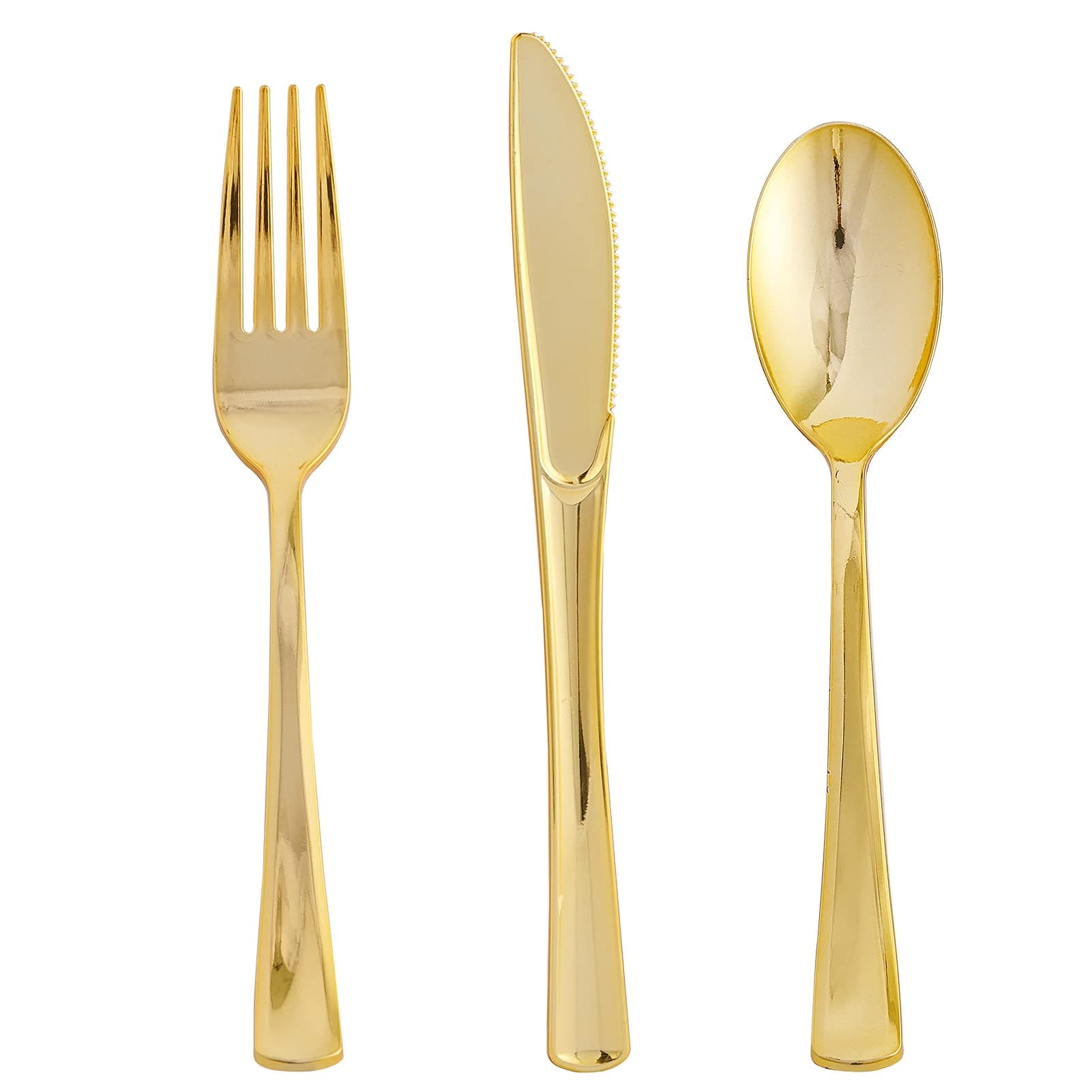 FOCUSLINE 75 Pack Gold Plastic Silverware Disposable Cutlery Set - 25 Forks Knives Spoons - Disposable Flatware Heavy Duty Plastic Utensils Set for Catering, Parties, Dinners, Weddings