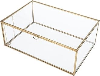 HighFree 10.8" Copper Golden Vintage Glass Lidded Box, Large Decorative Jewelry Keepsake Display Clear Glass Box, Rings Bracelet Golden Organizer