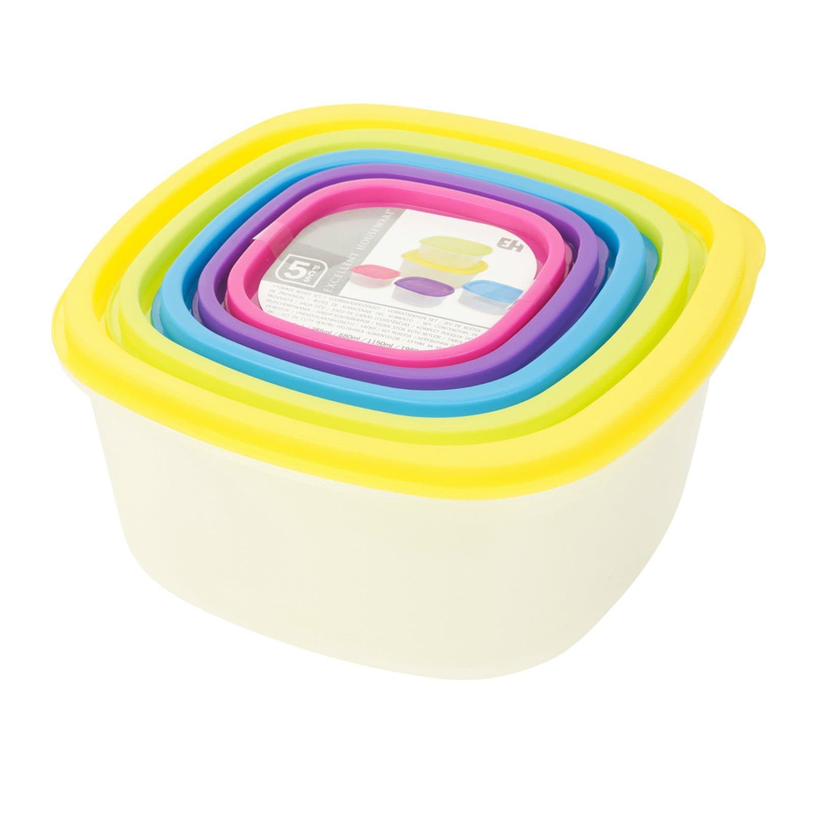 5 x Clear Plastic Food Microwave Storage Box Containers With Multi Colour Lids