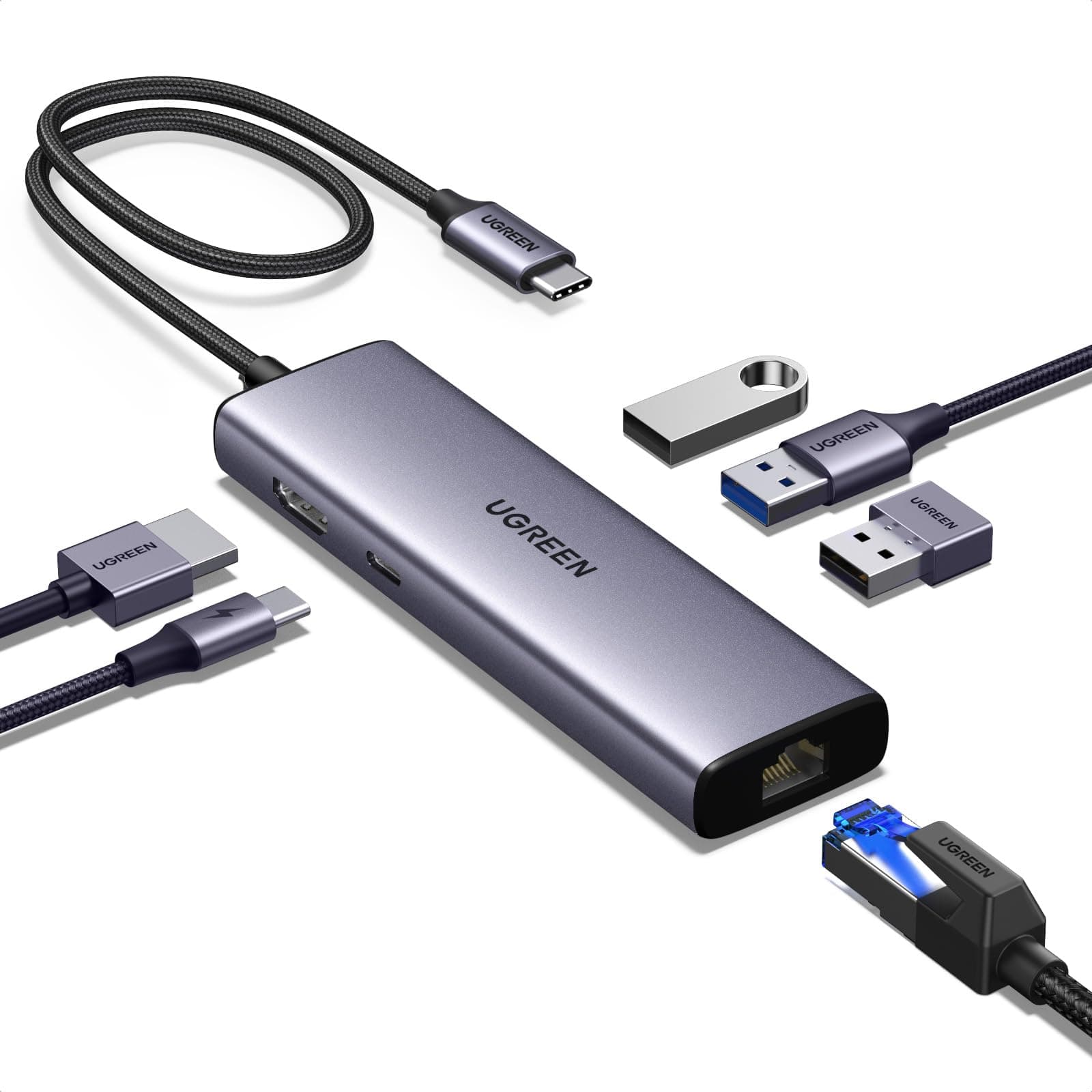 UGREEN Revodok USB C Hub, 6-in-1 USB Multiport Adaptor, 1Gbps USB-C to Ethernet Adapter, 4K HDMI, 100W PD, 3x 5Gbps USB-A Ports, Aluminum Compact USBC Dock for MacBook, HP, Dell Laptops, iPad Pro