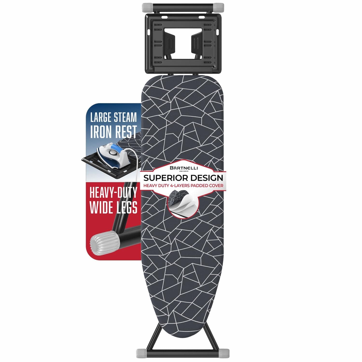 Bartnelli Ironing Board | Ultimate Iron Board Experience with Convenient Iron/Steam Rest | 13x43 Ironing Surface | Reinforced Steel Legs, Adjustable Height, 4-Layer Padding, Patent Folding System