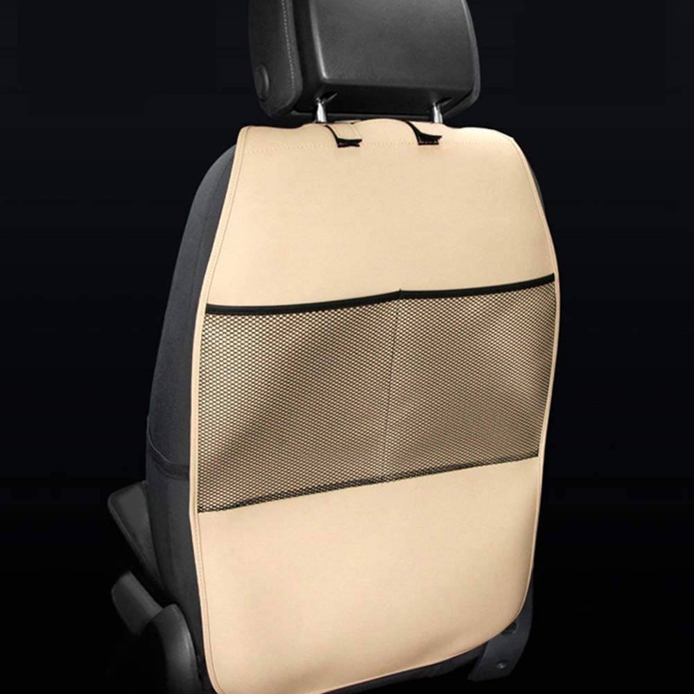 HCMAX 2 Pack Kick Mat Car Seat Back Protector Waterproof Easy to Clean Multifunctional Organizer Storage Bag Travel Accessory PU Leather Beige