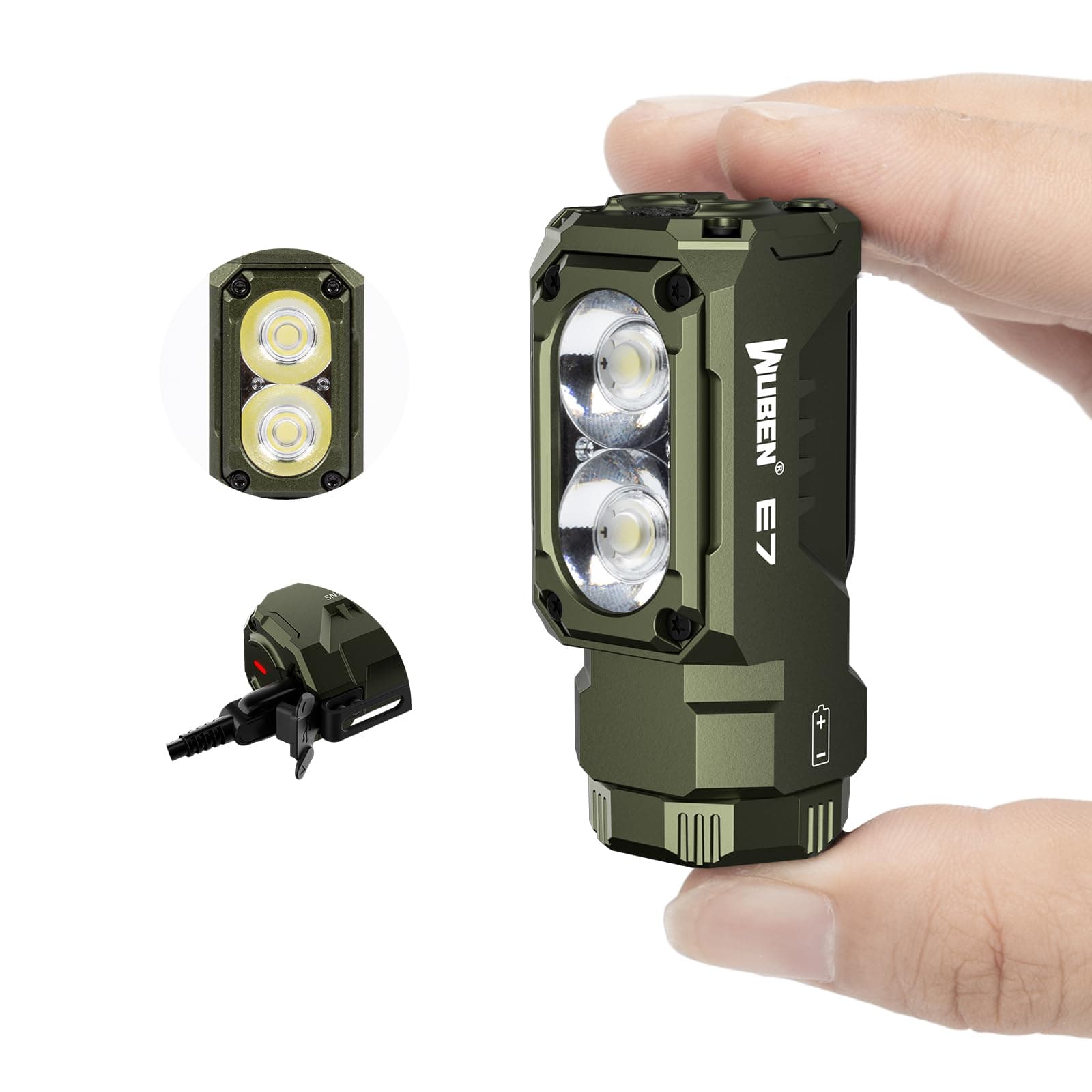 E7 1800 Lumen Rechargeable Mini Flashlight with Magnet - Super Bright 6 Modes ArmyGreen EDC Flashlight, Typ-C Rechargeable LED; IP68 Pocket Flashlight for Headlamp Use, Rescue, Camping
