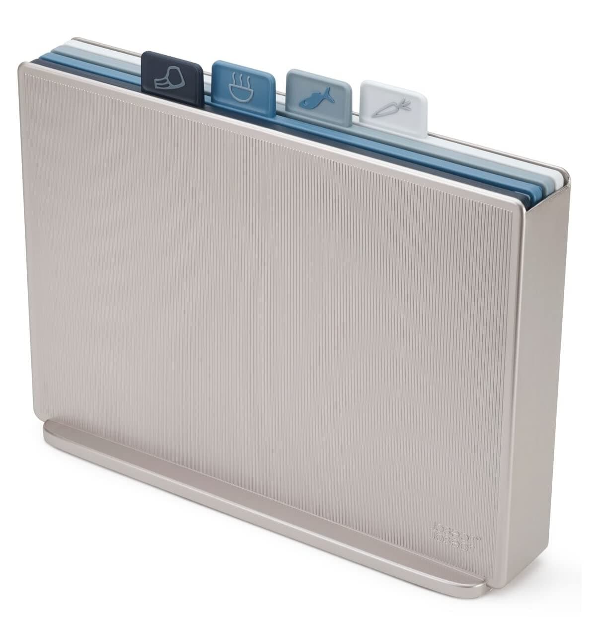 Joseph Joseph 60168 Index Plastic Cutting Board Set with Storage Case Color-Coded Dishwasher-Safe Non-Slip, Large, Silver/Sky