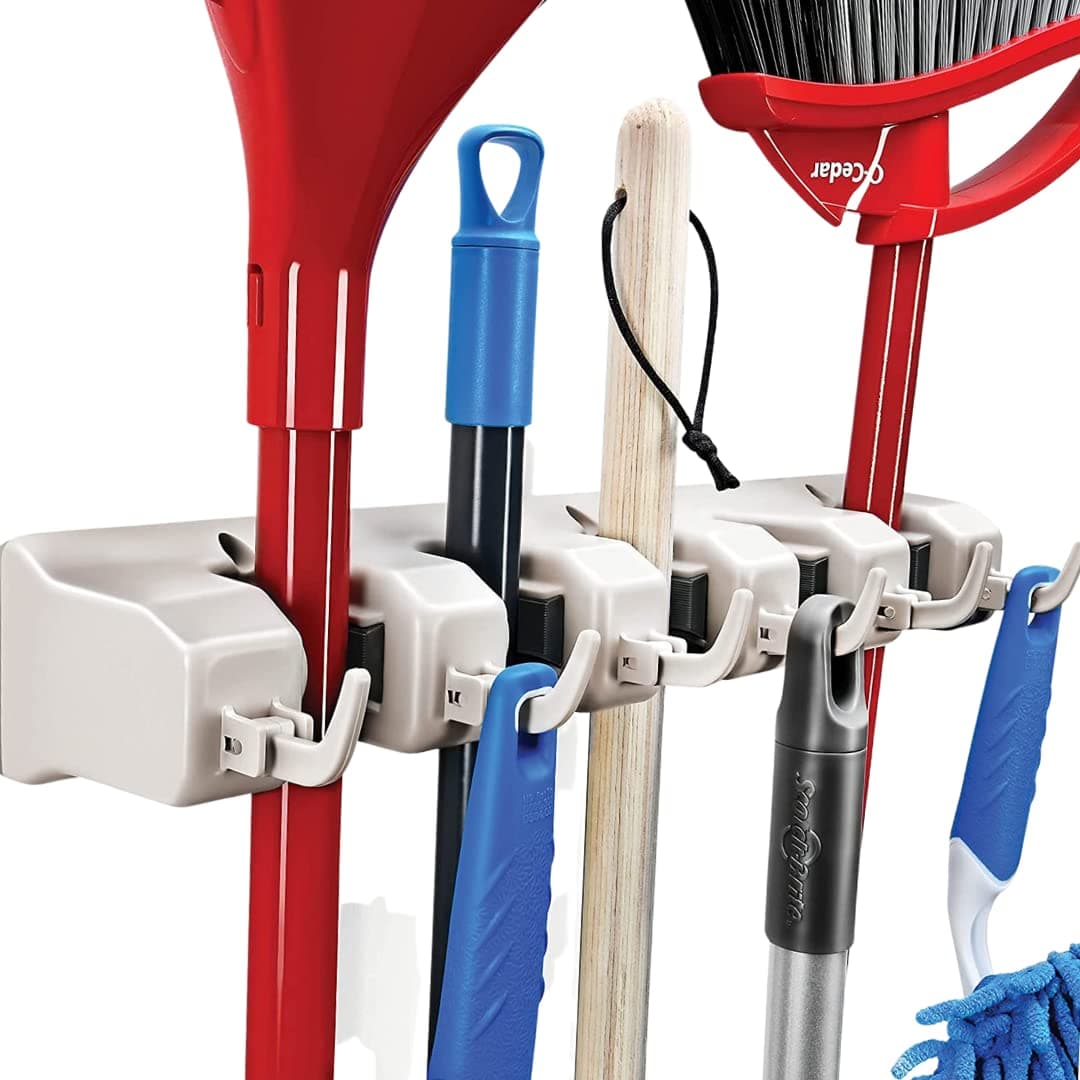 It Mop And Broom Holder, 5 Position With 6 Hooks Garage Storage Holds Up To 11 Tools, Solutions For Holders, Systems Organizer Shelving Ideas