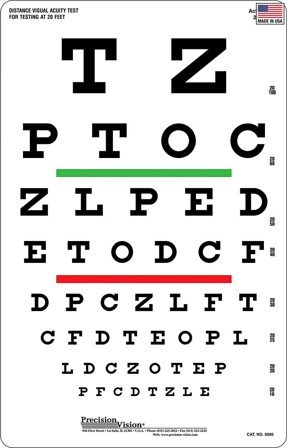 Snellen Eye Chart, Red and Green Bar Visual Acuity Test, 20 Foot Test Distance