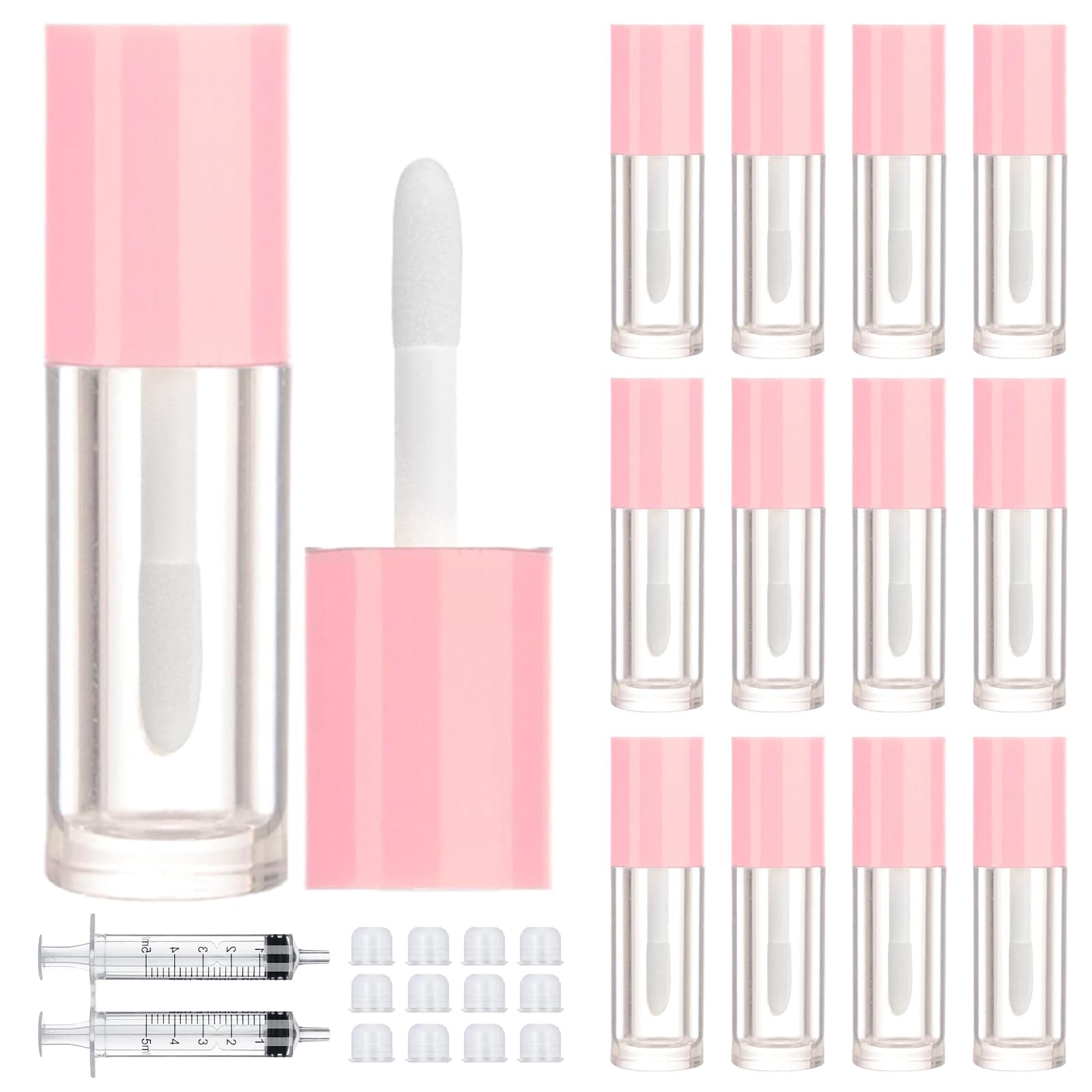 2.5ml 12 PCS Empty Lip Gloss Tubes with Wand Lip Gloss Containers Cute 0.08oz Clear Refillable Lipgloss Making Supplies Kit for DIY Makeup+ 2pcs Syringes (Pink)