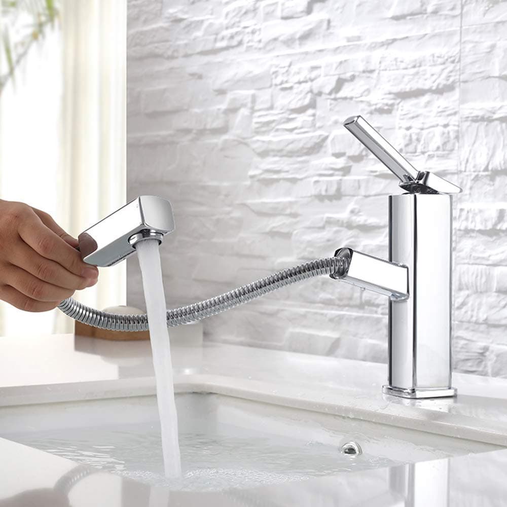 Bathroom Sink Faucet with Pull Out Sprayer, Single Handle Basin Mixer Tap for Hot and Cold Water, Lavatory Pull Down Sink Faucet with Rotating Spout (Regular, Chrome)