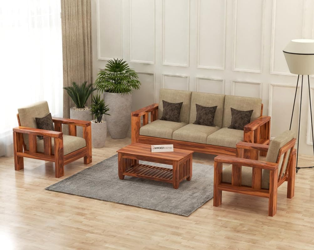 Solid Sheesham Wooden 5 Seater Sofa Set with 40 Density Cushions for Living Room Furniture - Chocolate Brown Finish