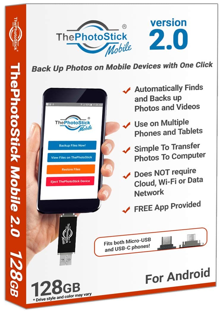 ThePhotoStick Mobile 2.0 Compatible with Android, 128GB Backup and Storage Device for Photos and Videos