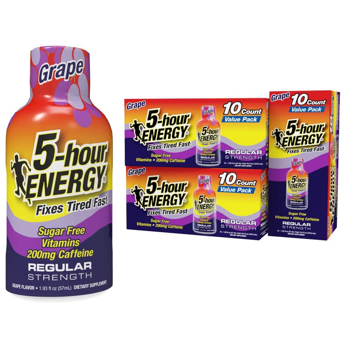 5-hour ENERGY Shots Regular Strength, Grape Flavor, 1.93 oz. 30 Count, Sugar Free, Zero Calories, Amino Acids and Essential B Vitamins, Dietary Supplement, Feel Alert and Energized, 200mg Caffeine