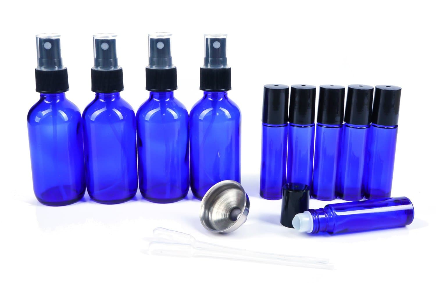 Four 2 Oz Cobalt Blue Glass Bottles with Black Atomizer and Six 10ml Blue Essential Oils Roller Bottles - Mix with Fractionated Coconut, Jojoba, Almond and Other Carrier Oil