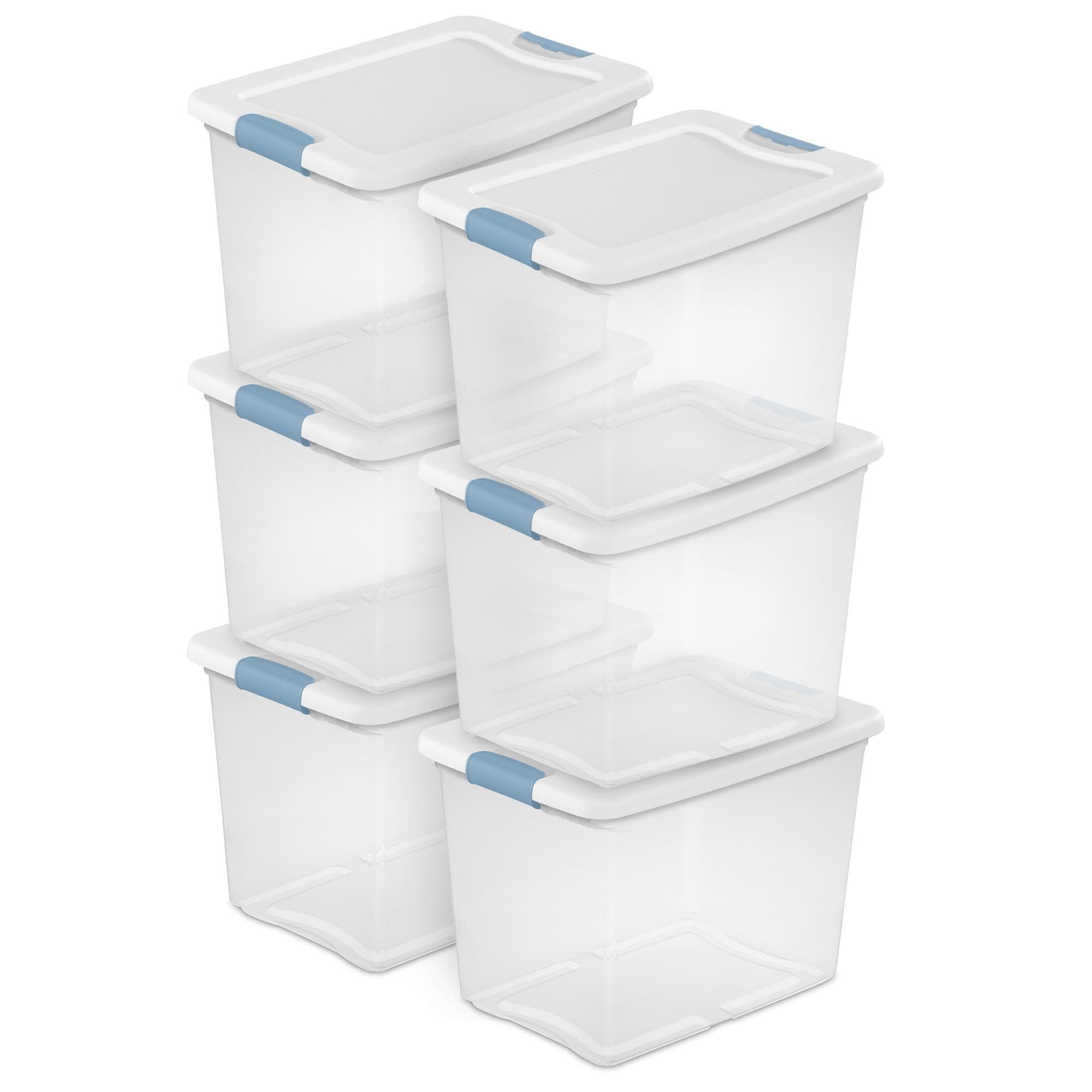Sterilite 25 Qt Latching Box, Stackable Storage Bin with Latch Lid, Organize Clothes, Shoes, Items in Closet, Clear with White Lid, 6-Pack