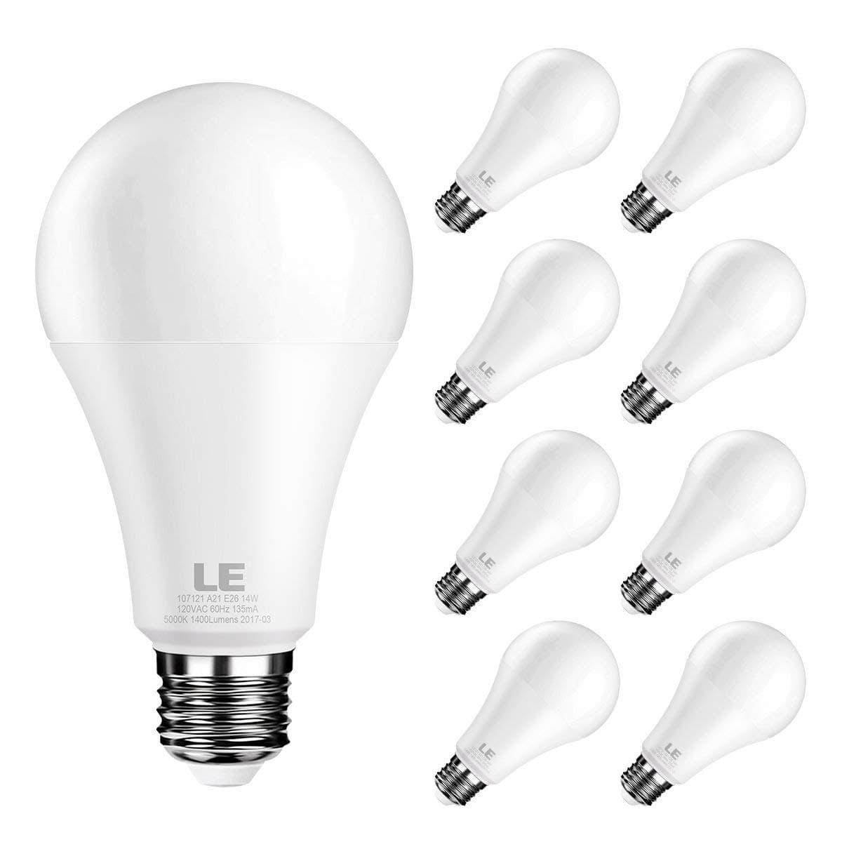 LE LED Light Bulb, Replacement for 100W Incandescent Bulb, 14 Watt 1400 Lumens, High Output, 5000K Daylight White Natural Light, E26 Medium Base, Froasted, Big Type A Bulb, Pack of 8