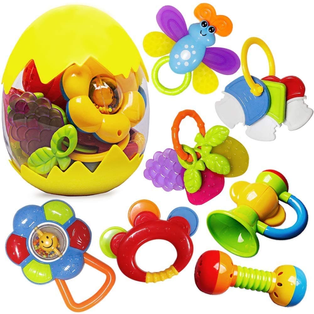 Rattle Teether Set Baby Toys - Happytime 7Pcs Shake Rattle Teethers Early Education Toys for Newborn Infant with Surprise Egg for 3 6 9 12 18Month