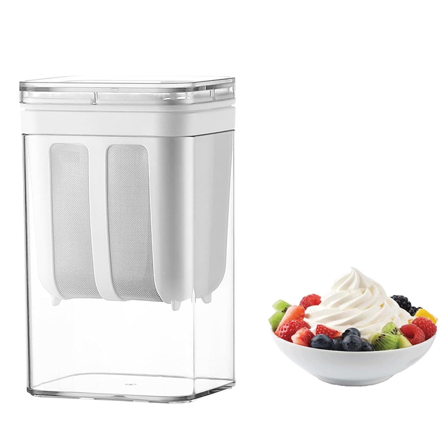 Plastic 1100ML Yogurt Filter Strainer with Lid | Hung Curd Strainer Box | Yoghurt Strainer | Perfect for Homemade Yogurt, Curd, Cheese Maker, 10.8L x 9W x 17.6H cm, White