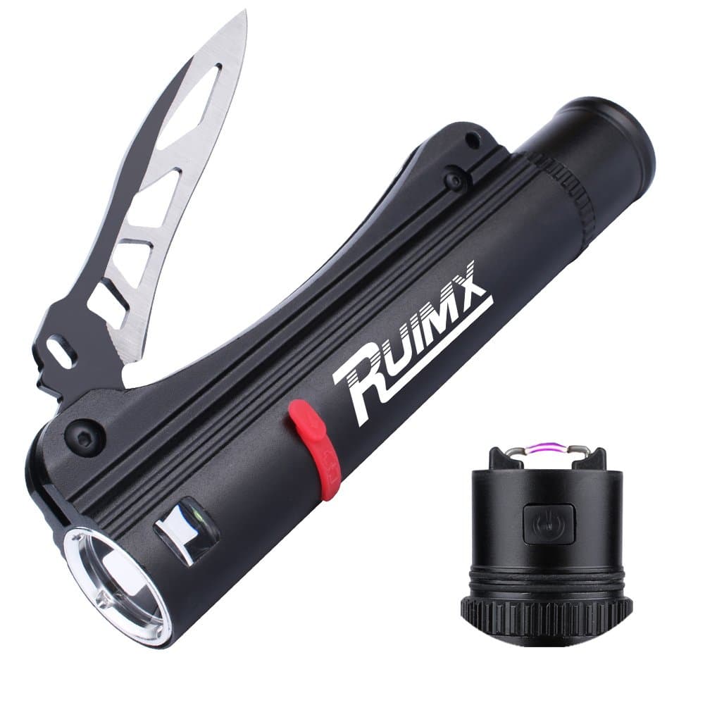 RUIMX Arc Fire Starter Folding Tactical Knife with LED Flashlight and 18650 Rechargeable Battery for Outdoor Camping, Lighter, Hunting, Fishing, Survival and Self Defense