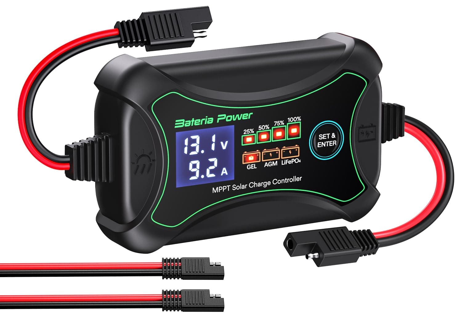 10A MPPT Solar Charge Controller, Bateria Power 10 Amp 12 Volt Solar Panel Regulator with LCD Display and LED Indicate Light Designed for 12V Gel AGM Lithium LiFePO4 Battery Charing