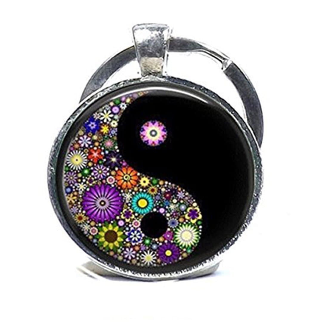 Glass Tile Key Ring Yin Yang Keychain Black Key Ring Silver Keychain Jewelry Millefiori Yin Yang Key Ring Jewelry