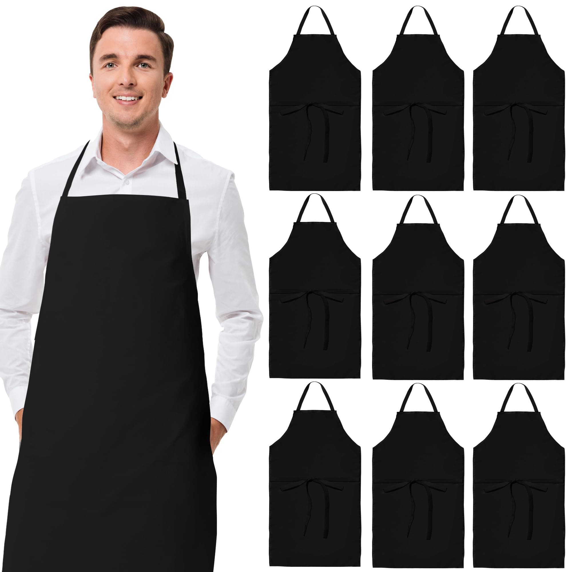 White Classic Black Aprons Bulk - Commercial Chef Bib Apron for Kitchen and Restaurant Cooking without Pockets, Unisex Women and Men, Adult - 12 Pack